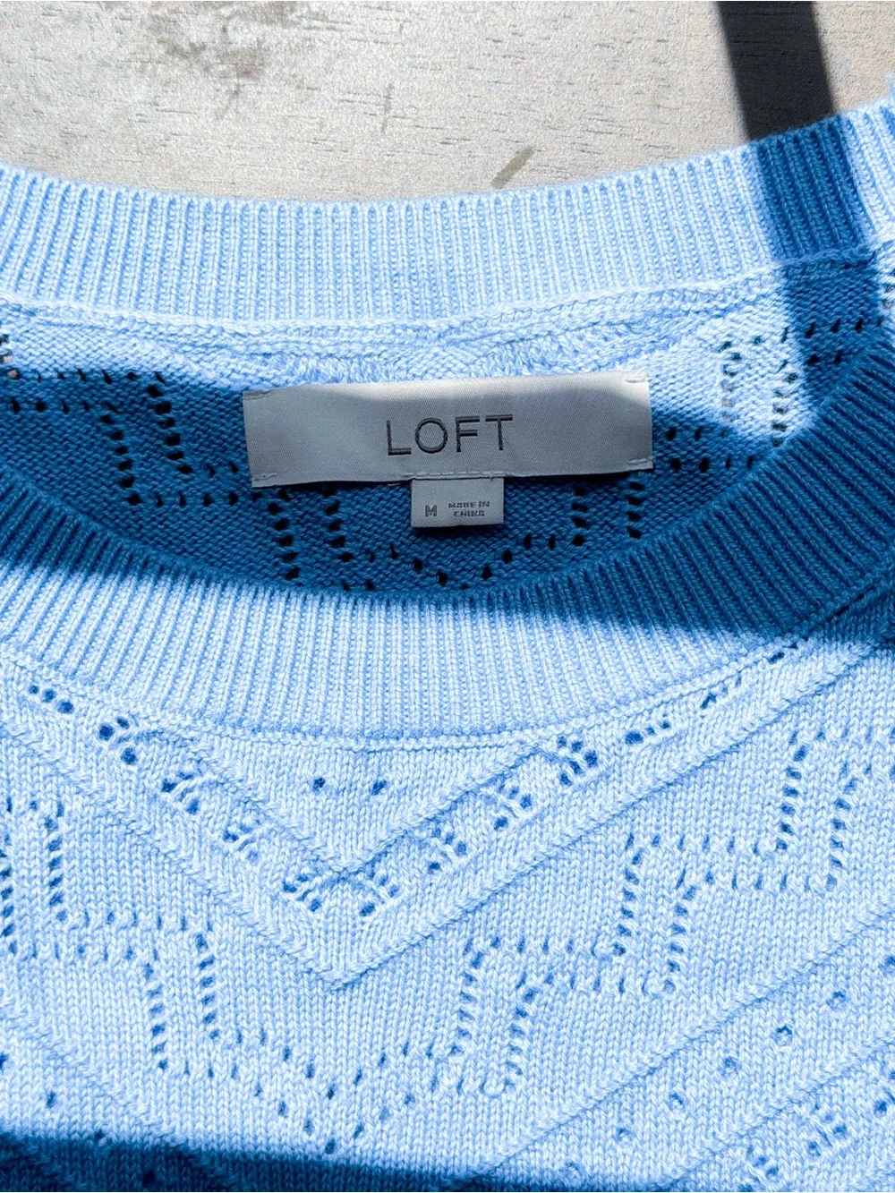 LOFT Baby Blue Pointelle Puff Sleeve 100% Cotton Knit Sweater Top M Preppy EUC